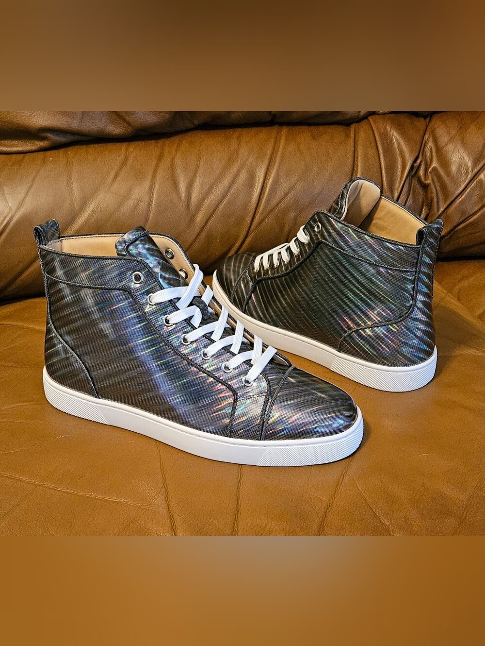 New Men's Christian Louboutin Metallic Holographic Prism Hightop Size 8.5 US